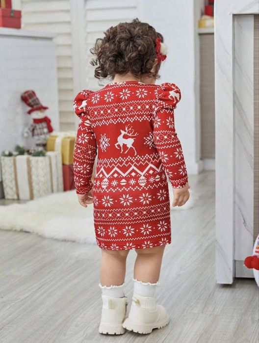 Коледна рокля с принт на елени