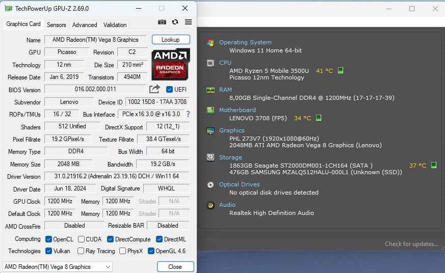 Mini PC Lenovo Ryzen 5 3500U 2,1Ghz/3,7Ghz, 8GB, 512GB+2TB, Vega 8 2GB