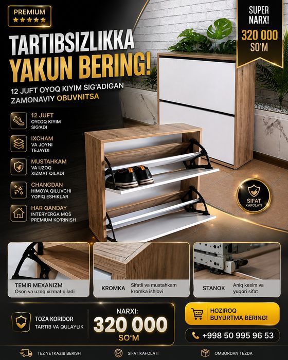 Oyoq kiyim uchun shkaf Superrr narx 320.000
12 juft oyoq kiyim sig‘adi