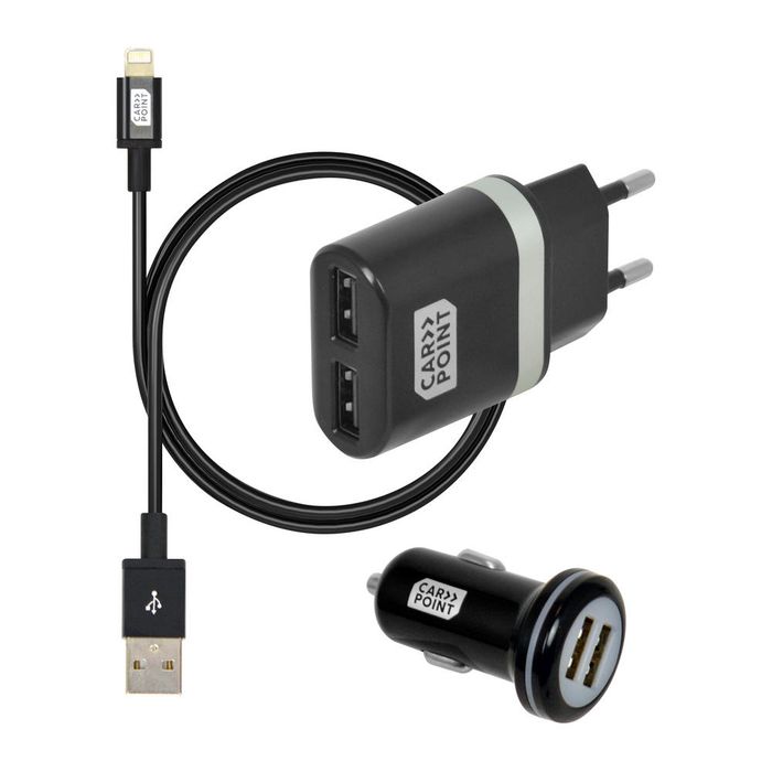 Set incarcare telefon Carpoint Premium, incarcator bricheta cu 2 iesiri USB, cablu cu cablu conector hibrid MicroUSB MFi Dock 8pin si incarcator
