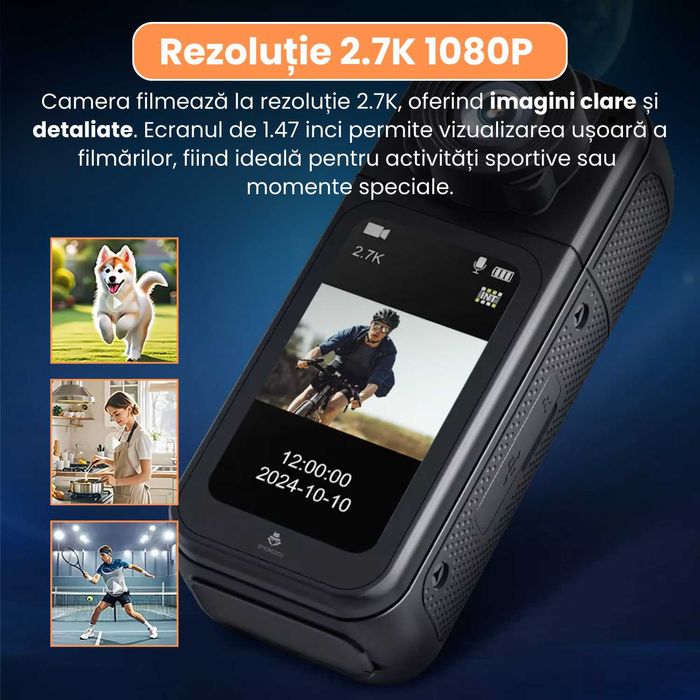 Camera Video Actiune Corporala, 5k (stabilizare EIS 6 axe, ecran LCD), 4K, 2,7k) conectare wi-fi accesorii prindere bicicleta
