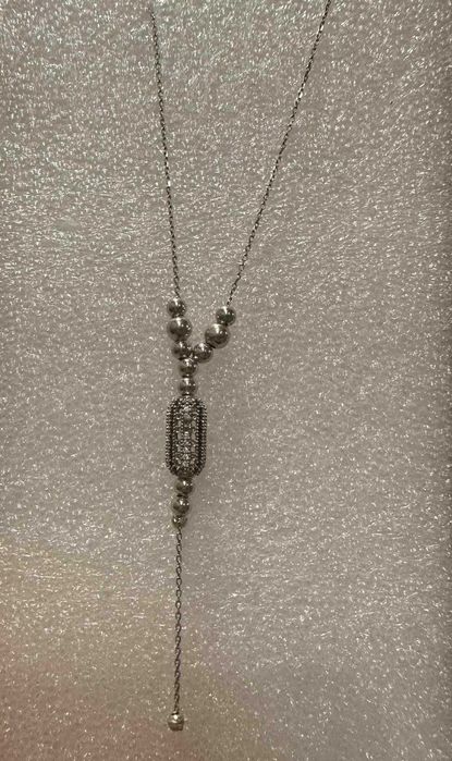 Страхотно нежно сребърно дамско колие с топчета и продълговата висулка