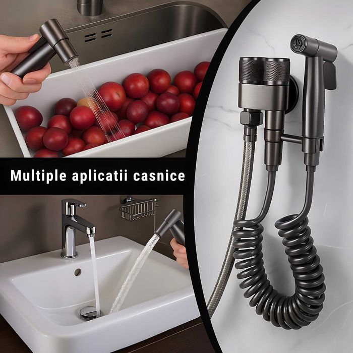 Set Dus Igienic Gri Antracit pentru WC/Bideu – Robinet Dublu Cald/Rece