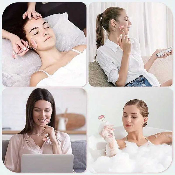 Aparat masaj din jad facial 2 role placa Gua Sha combo verde sau roz