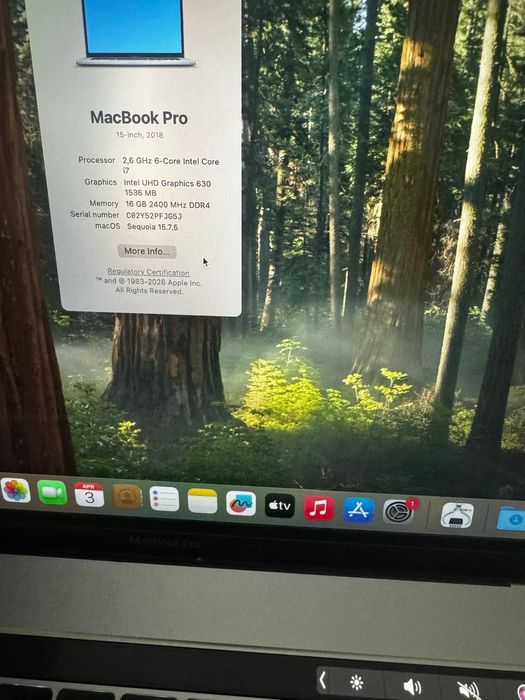 MacBook Pro 15 inch, 2018, 16 GB Ram, i7, 500 GB SSD