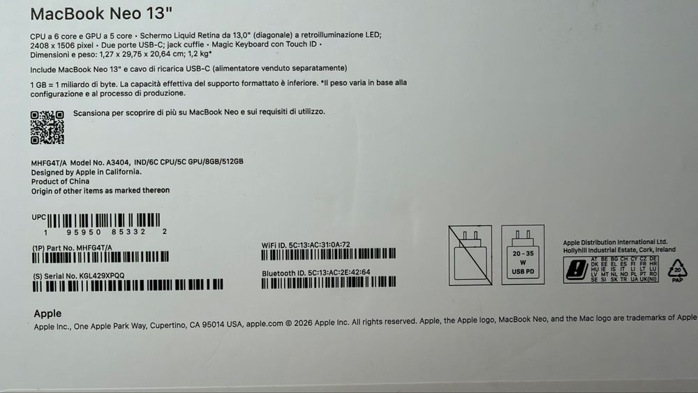 Laptop Apple MacBook Neo 13" Retina Apple A18 Pro 6 nuclee CPU, 5 nuclee GPU, 16 nuclee NeuralEngine, 8GB, 512GB, Touch Id