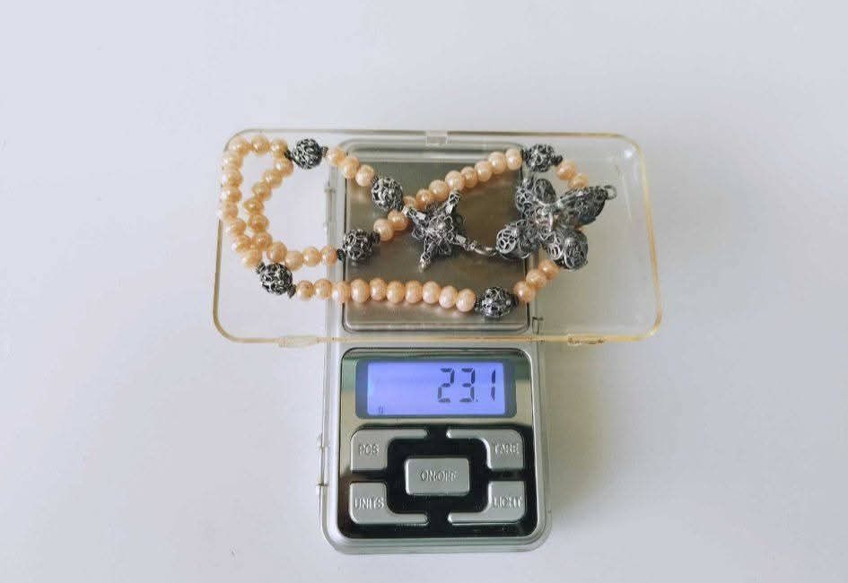 Rozariu vechi de mana din argint in filigran cu perle, copii