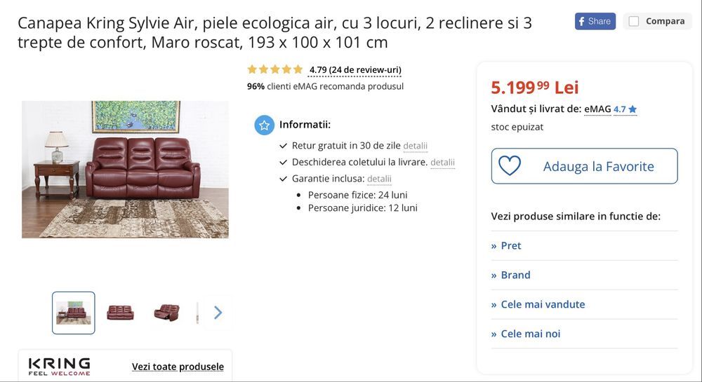 Canapea piele cu 2 reclinere, KRING, noua
