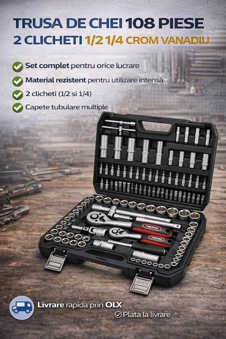 Trusa Chei 108 Piese 2 Clicheti 1/2 1/4 Crom Vanadiu