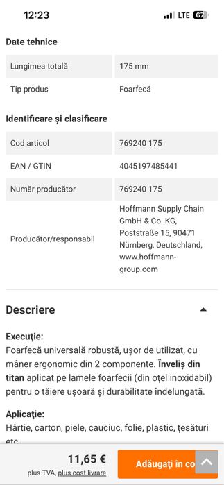 Foarfeca profesionala , otel inox titanizat , 175 mm , made in Germany
