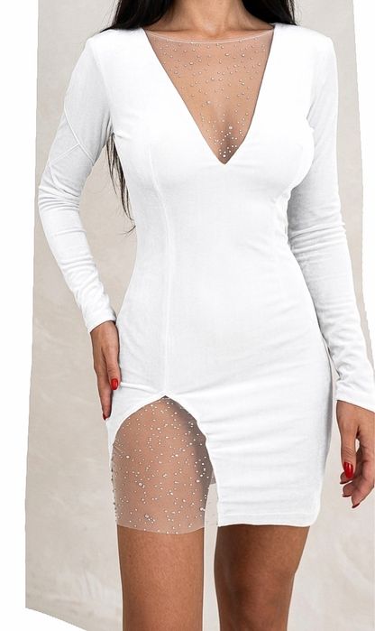 Rochie alba Misstio Boutique cu crapatura pe picior si strasuri - XS