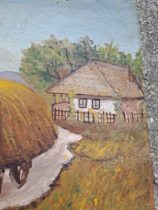 tablou vechi romanesc pictura pe carton 70/49 cm semnat