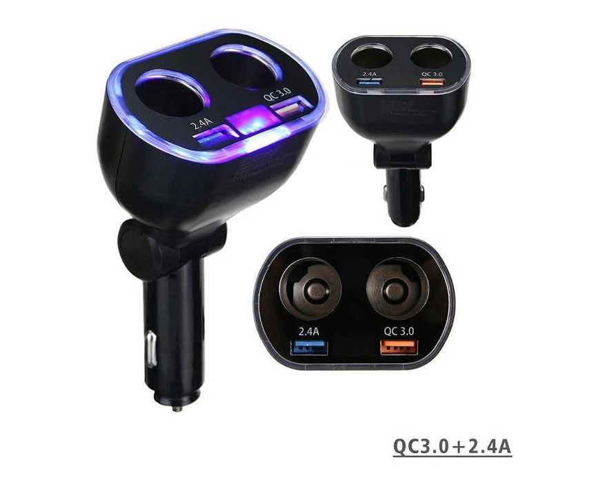 Разклонител за запалка 12V/24V с волтметър, 2 гнезда и QC 3.0 USB