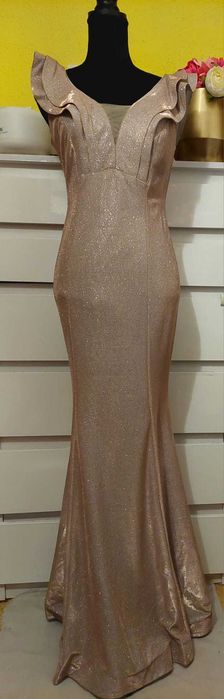 Rochie SPLENDIDA aurie, trena,decolteu adanc,sirena TRANSPORT GRATUIT