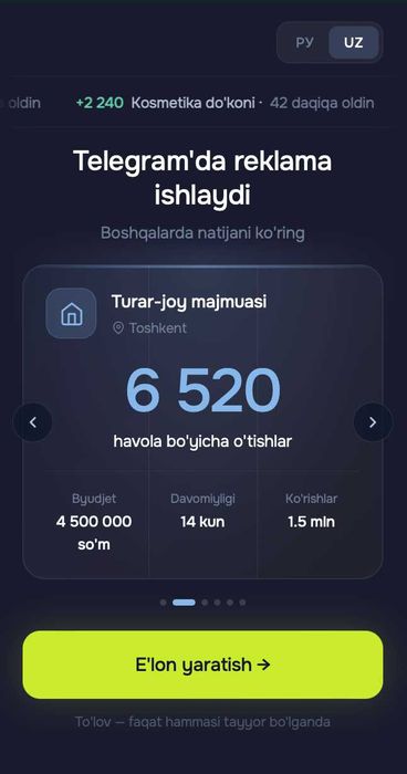 Telegram'da reklama — 900 000 so'mdan, to'g'ridan-to'g'ri