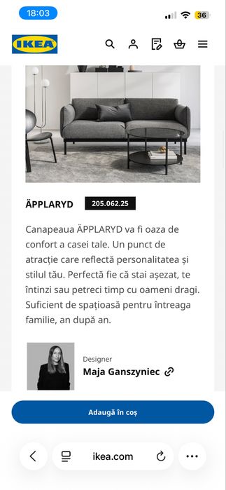 Canapea IKEA gri, model APPLARYD
