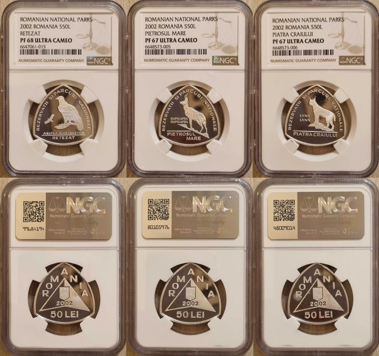 Set 3 monede 50 lei argint BNR Rezervatii si parcuri nat gradate NGC