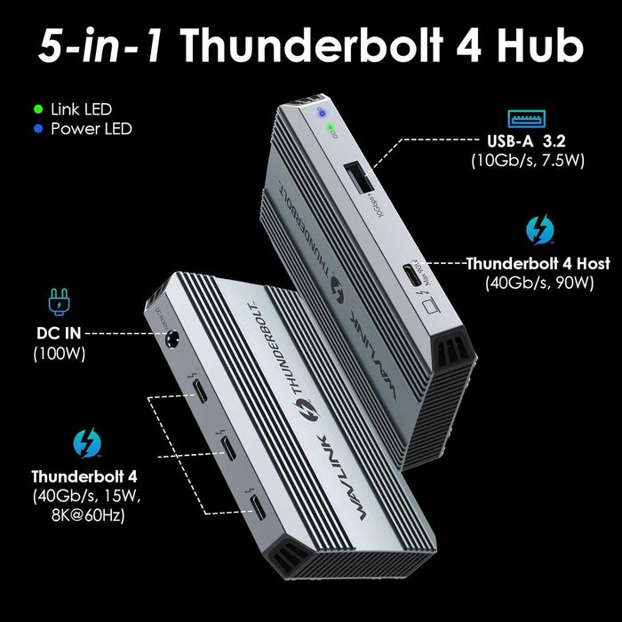 Докинг станция Thunderbolt 4, WAVLINK USB C хъб, двоен 4K/60Hz дисплей