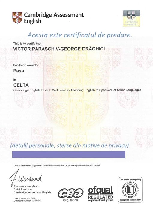 Ședințe EN/FR - certificat Cambridge de predare - 8 ani EXP - nivel C2