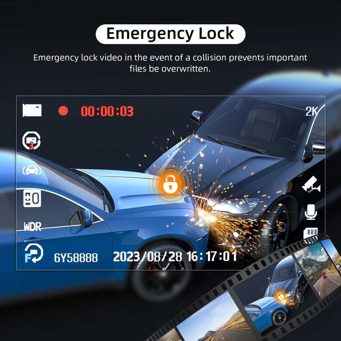 Cameră Auto 2K, + Card 64GB Inclus, 170°, Loop Recording, Senzor G