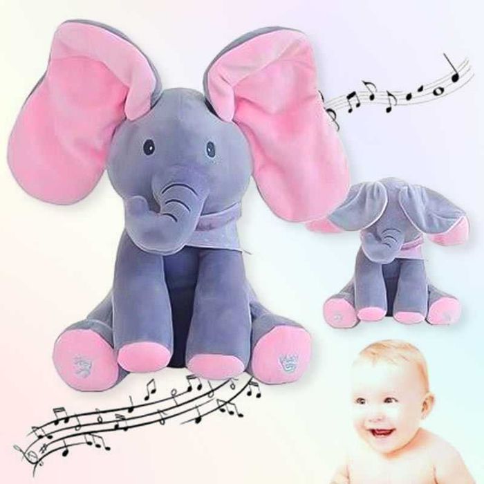 Плюшена играчка Слонче Куку-Бау 33 x 16 см, Пее и Играе, С Ушички за Покриване на Лицето