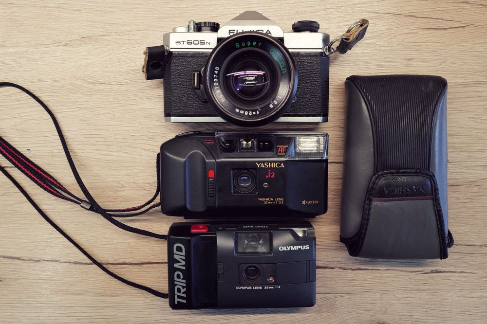 Lot aparate foto Olympus Trip MD Yashica J2 si Fujica st605n 28mm 2.8