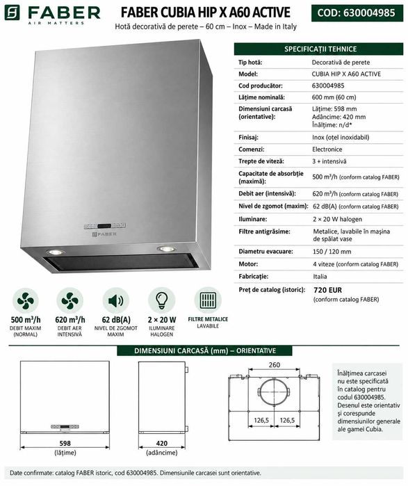Hota decorativa FABER CUBIA HIP X A60 cm ACTIVE/WHITE GLOSS ACTIVE, inox/alb