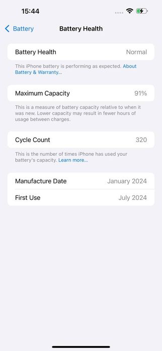 Iphone 15 pro max KH/A region battery 91% 320 cycle