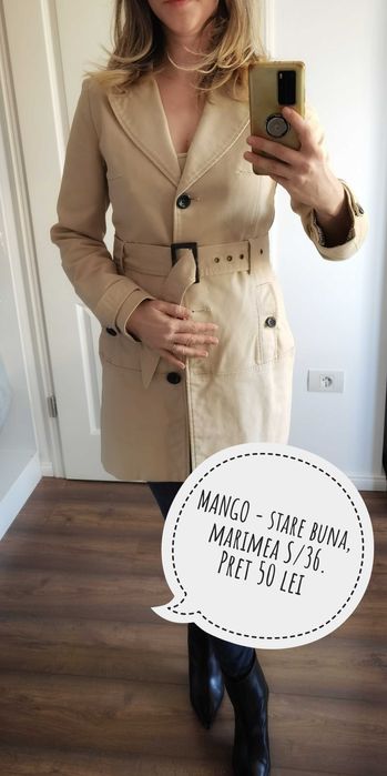 Mango, trench maro, clasic, marimea 36/S, stofa calitativa