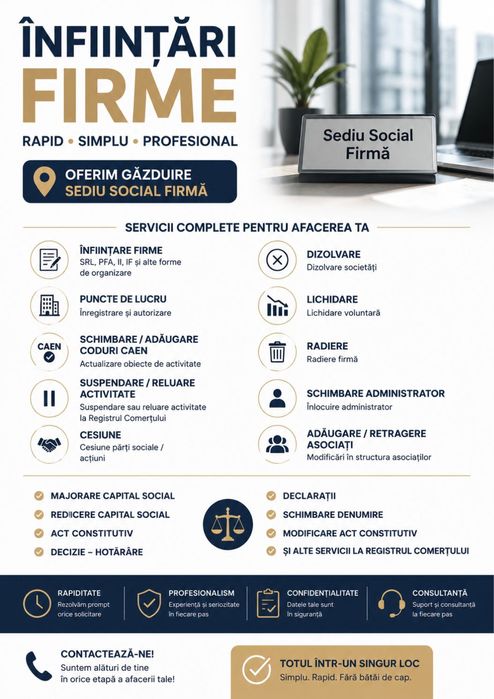 Înființare SRL PFA | Găzduire Sediu Social | Cod CAEN | Modificări Firmă | Suspendare | Radiere | ONRC