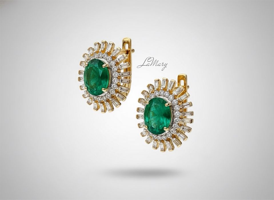 золотые серьги с бриллиантами и натуральными камнями – Изумруд