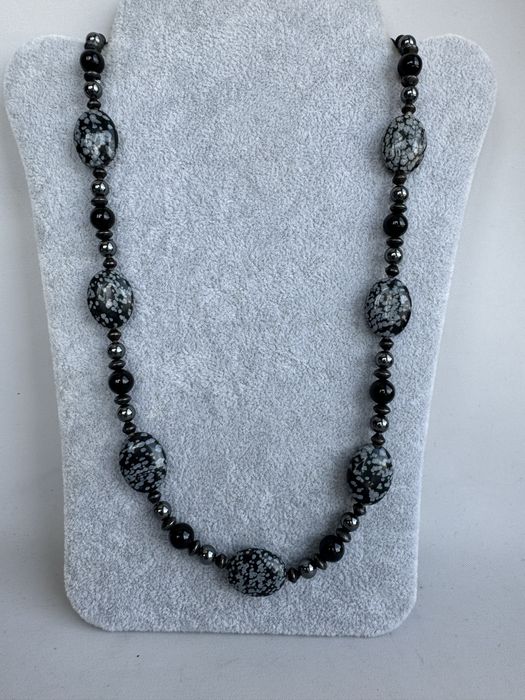Colier din argint, snow obsidian si onix