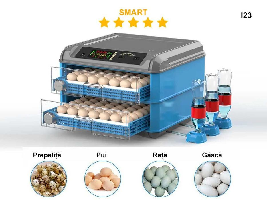 Incubator automat 128 ouă – control temperatură/umiditate, pentru pui, rață, prepeliță