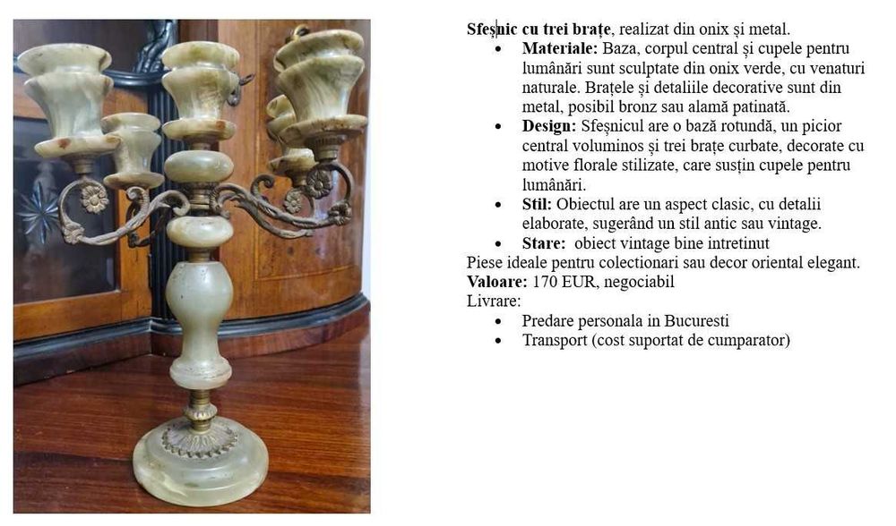 Sfeșnic cu trei brațe, realizat din onix și metal