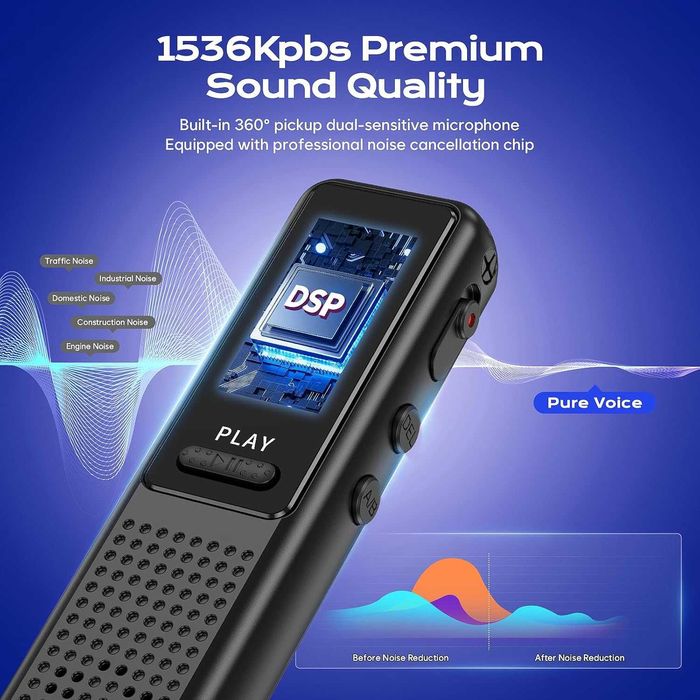 64GB диктофон с технология за намаляване на шума, с изкуствен интелект