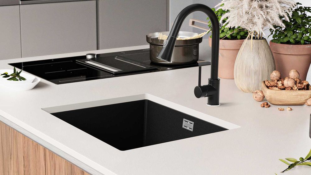 Черна гранитна мивка за вграждане под плот Лондон 60 XXL 560 x 470 мм