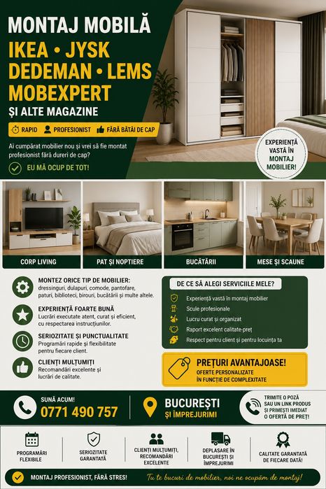 Montaj mobila Ikea,Jysk,Dedeman,Lems,Mobexpert si alte magazine.Rapid,Corect si  la Preturi Avantajoase