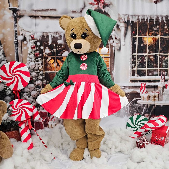 Costum Mascotă Urs Teddy Crăciun Fetiță Rochie Candy Cane Pluș cu Căciulă Festivă Adult