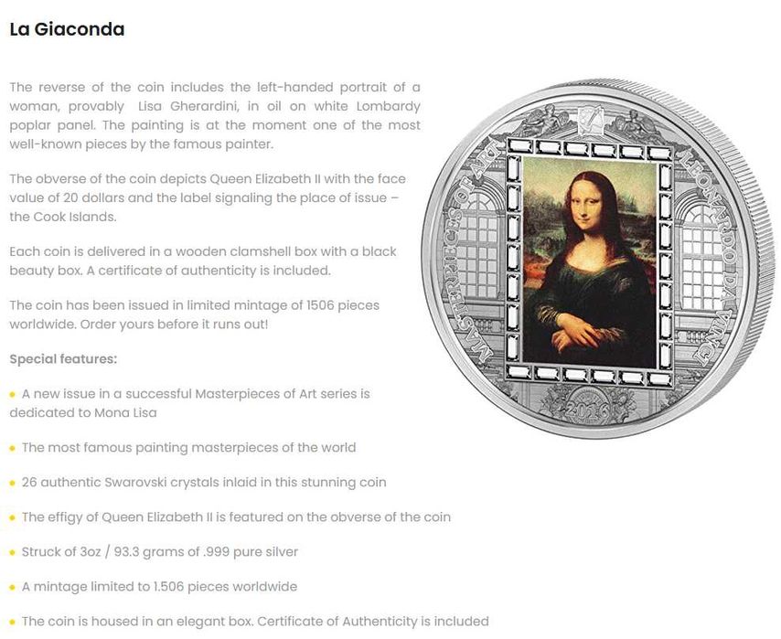 Vand moneda de argint 999,  editie limitata Mona Lisa