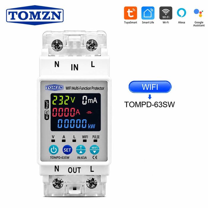 63A Контролен подотчетен смарт електромер TOMZN Wi-Fi с LED дисплей, Tuya, Smart Life
