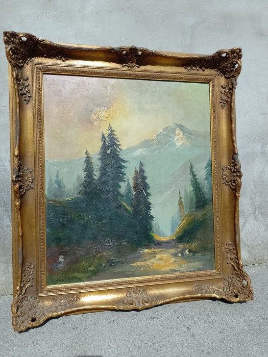 Tablou Ulei pe pânză peisaj montan,o lucrare foarte veche semnata de