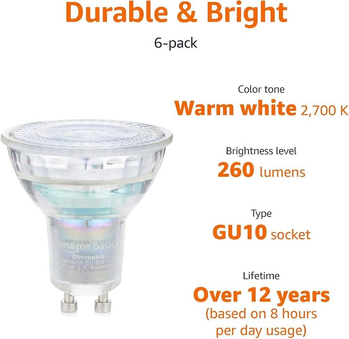 Set 6 spoturi  LED GU10 profesional Amazon Basics, 3,7 W