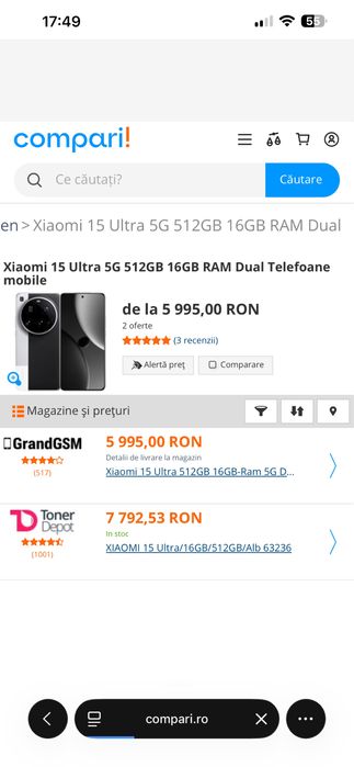 Xiaomi 15 Ultra 512GB Silver Chrome 16GB RAM cutie Bon fiscal ! Factura ! Garantie !