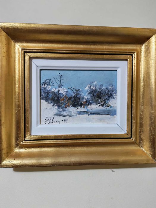 Tablou original Blei Nicolae - peisaj de iarna 18,5 x 19 cm, semnat
