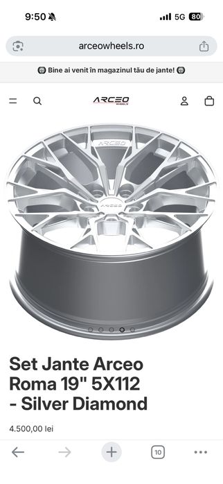 Jante Audi R19 5x112 , 9.5 J, ET 37 concave, silver+diamond Mercedes Vw Skoda