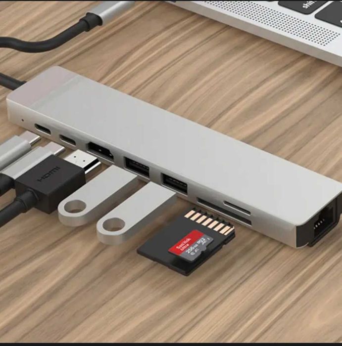 HUB Type C 8 в одном (USB, HDMI, Card reader, Lan). Алматы.