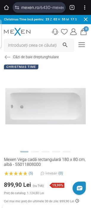 Cada de baie rectangulara 180x80 cm