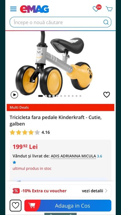 Tricicleta kinderkraft copii 1-2 ani