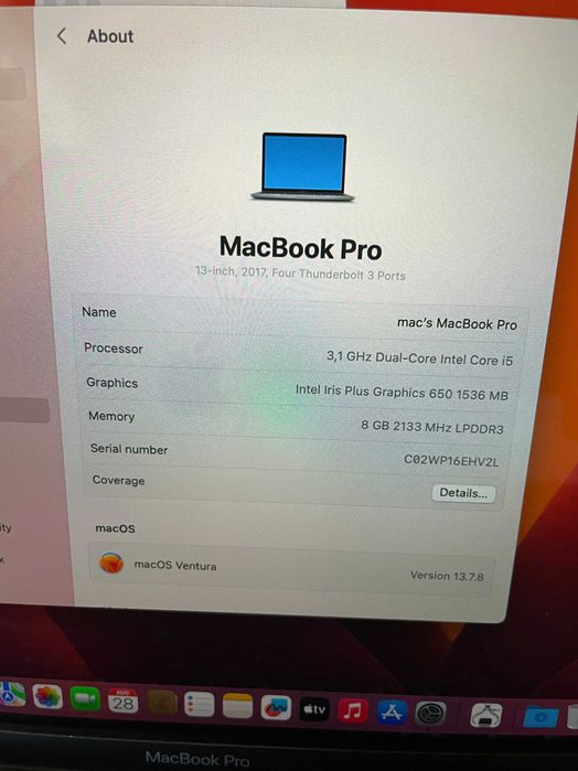 13" MacBook Pro A1706 Touch/Mid-2017/-8GB/256GB