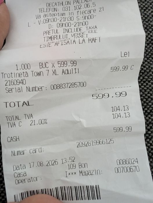 Trotinetă Adulți Oxelo Town 7 XL (Decathlon) – Ca Nouă + Bon/Garanție